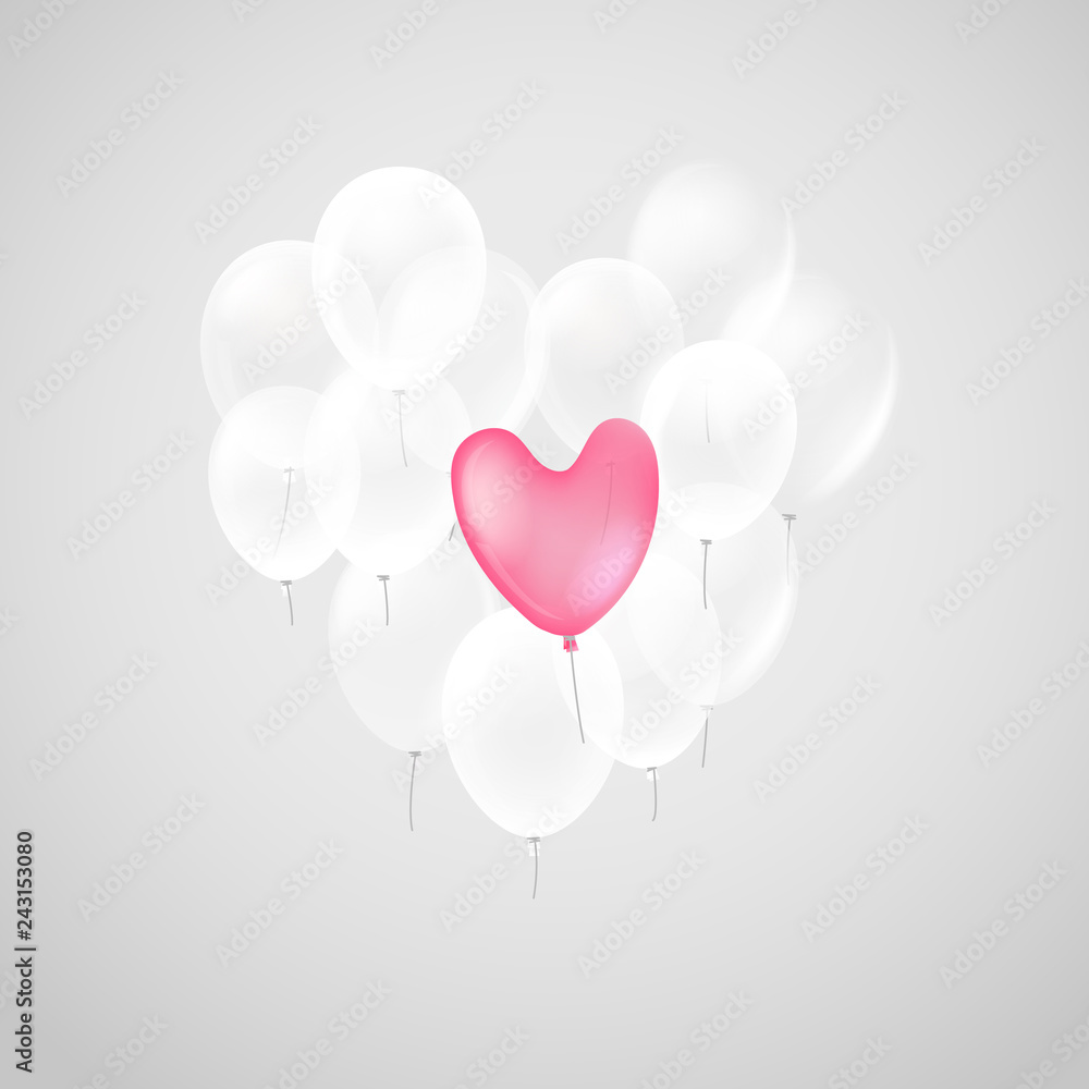 Pink heart air balloon with white balloons. Vector illustration
