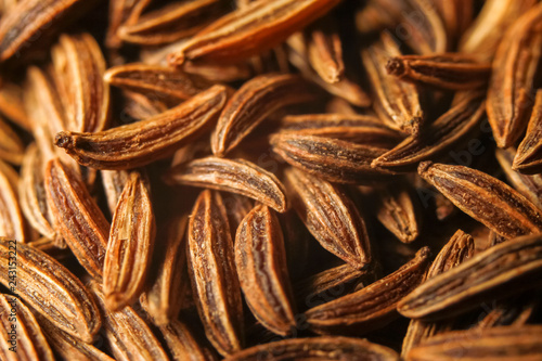 Dry cumin seeds or caraway. Extreme macro photography.