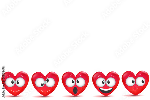 Valentines day background with 3d Love Emoji on white. Heart funny collection. Space for text. Happy Valentine's Day. Vector. 