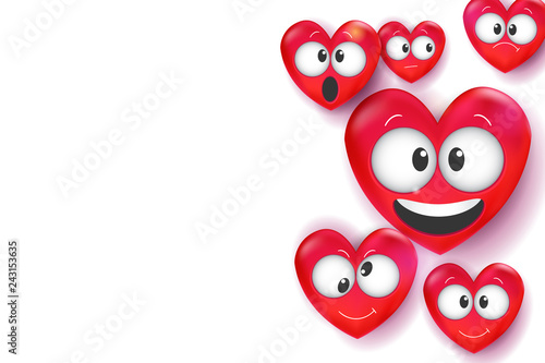 Valentines day background with 3d Love Emoji on white. Heart funny collection. Space for text. Happy Valentine's Day. Vector. 