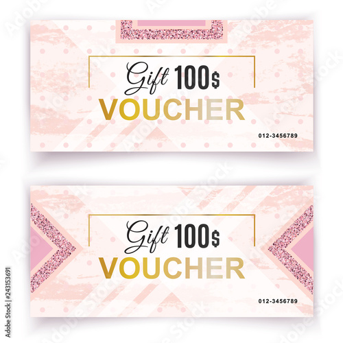 Vector gift voucher template. Universal flyer for business. luxury white pink marble with gold leaves for department cosmetic, parfume, stores, business. 100 dollars