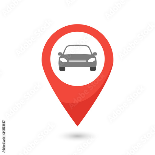 Red map pointer with car icon. Vector illustration