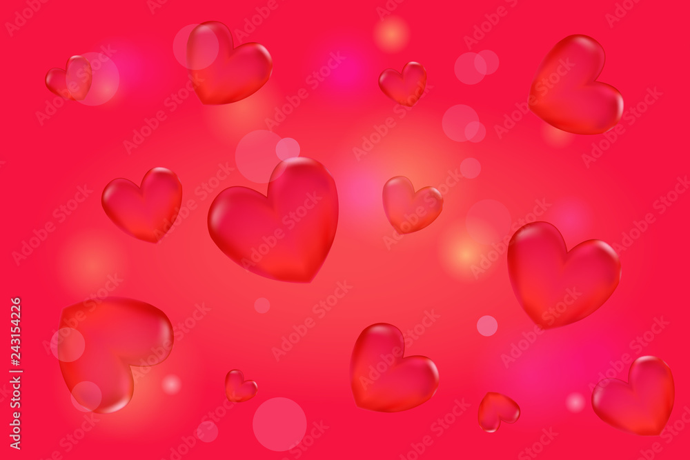 Valentines day background with 3d red hearts on red. Happy Valentine's day. Space for text. 