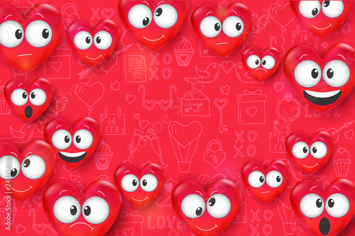 Valentines day background with 3d Love Emoji on red pattern with hand drawn love line art symbols. Heart funny collection. Space for text. Happy Valentine's Day. Vector. 