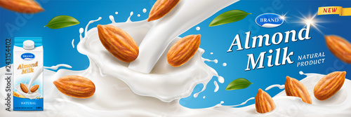 Almond milk splash with nuts for advertising or package branding on wrapper. Paper container for dairy near milkshake splash for pack design. Meal and vegan drink, nutrition and retail theme
