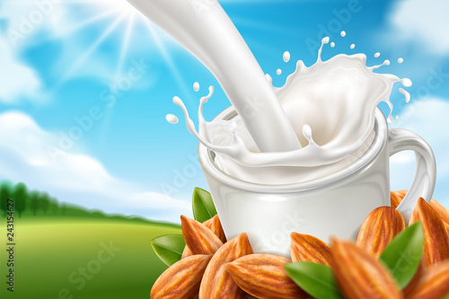 Almond milk pouring with splash into cup near heap of nuts or hazelnut on top of nature landscape. Meadow scenic view with falling milkshake. Vegan drink and countryside farm theme