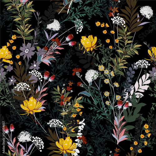 Soft and gentle Dark garden in the night full of  blooming flower in many kind of florals seasonal seamless pattern vector ,hand drawing style for fashion, fabric and all prints