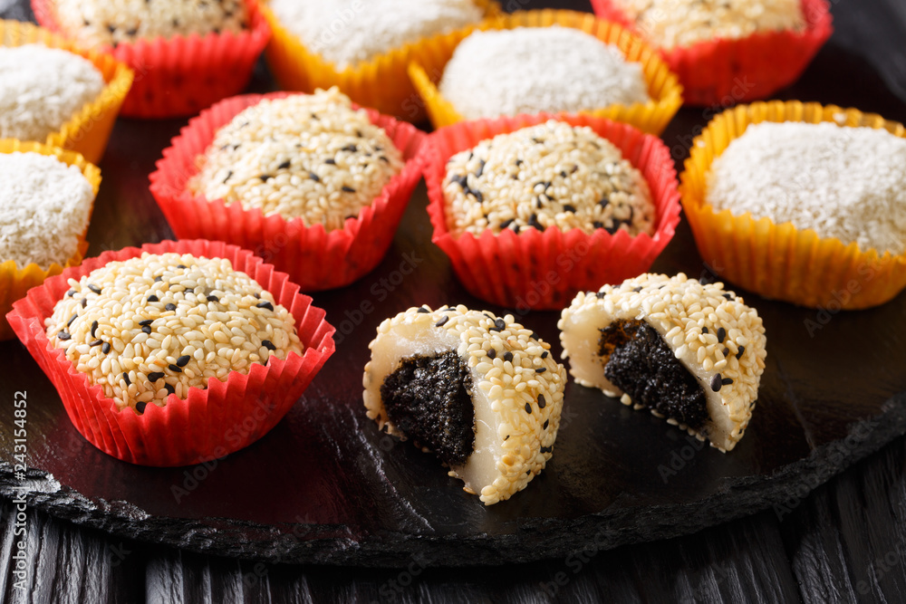 Japanese healthy risy dessert mochi daifuku with anko and sesame seeds