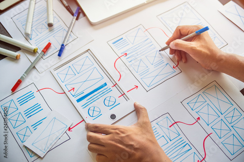 ux Graphic designer creative sketch planning application process development prototype wireframe for web mobile phone . User experience concept.