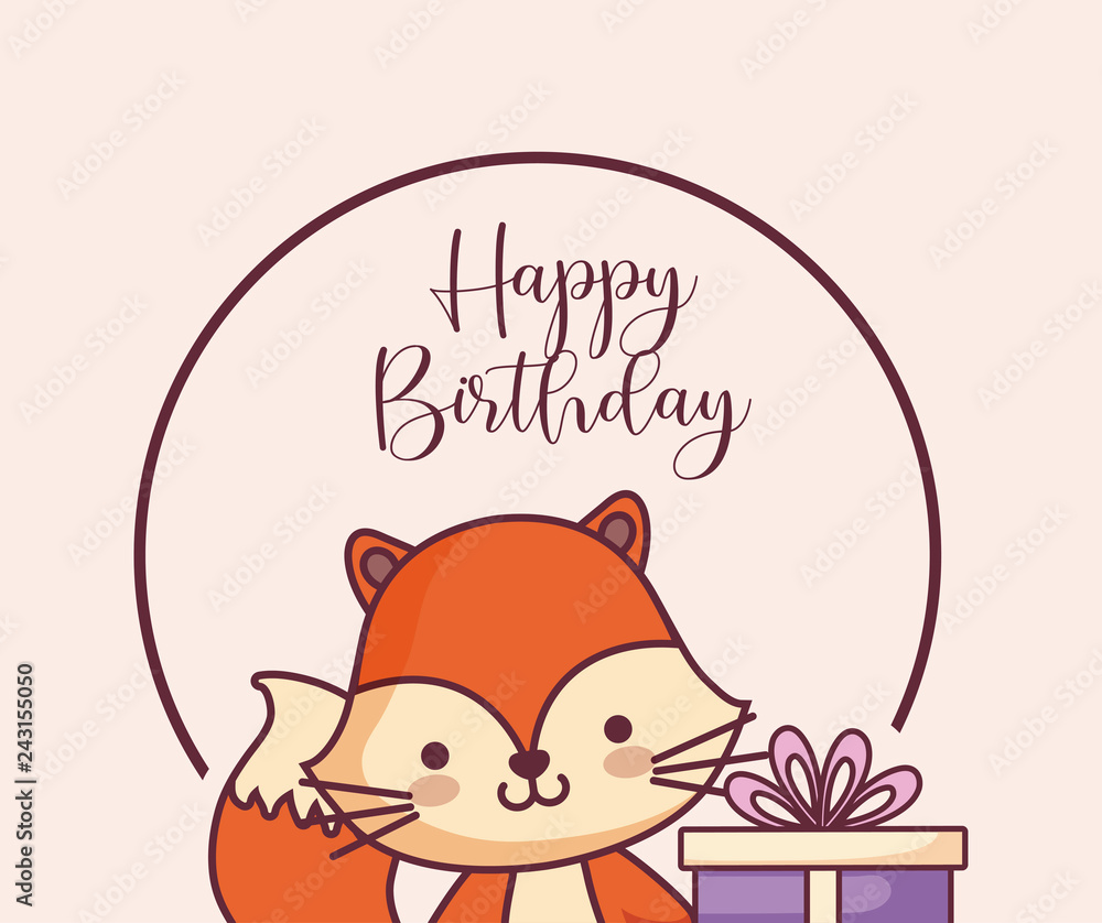 cute fox happy birthday card and gift Stock Vector | Adobe Stock