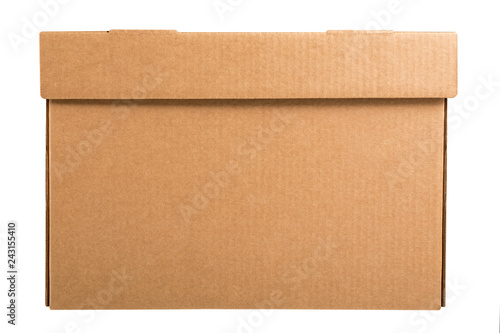 Cardboard archive storage box isolated on white background. Side view
