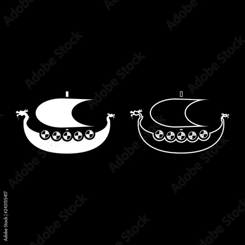Viking drakkar Dracar sailboat Viking's ship Viking boat icon set white color illustration flat style simple image