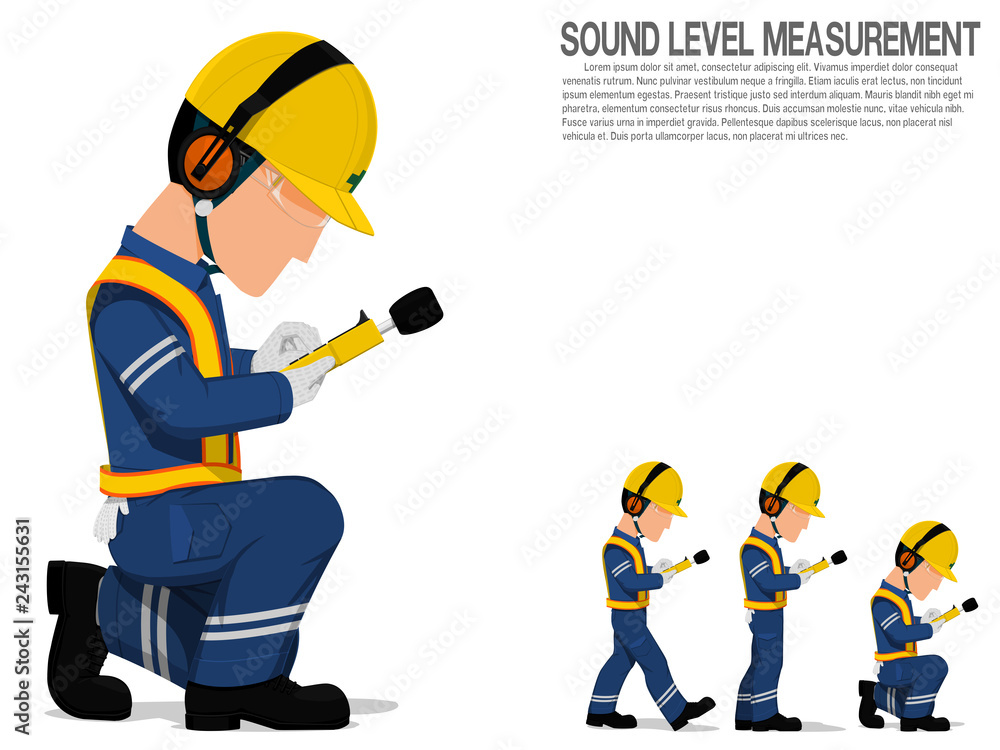 A worker with earmuff is operating sound level measuring equipment.