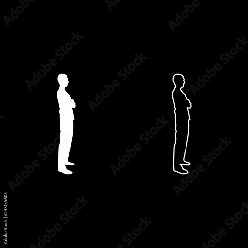 Man standing with hands crossed Dentist surgeon in medical clothes with folded hands on his chest Concept of the end of surgery operation Side view icon set white color illustration flat 