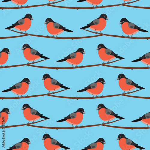 Bullfinch. Seamless pattern. Vector bird on the branch. Background