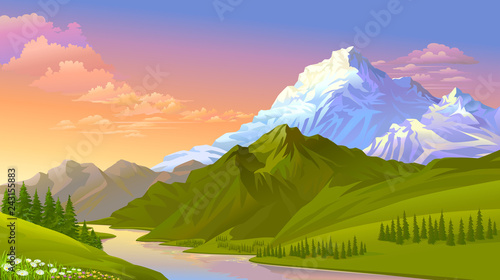 The sun setting on the icy mountains, hills covered with green meadows and fresh water.