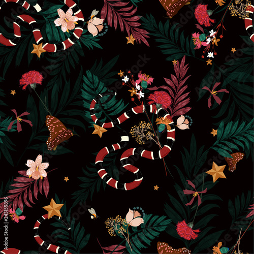 Beautiful dark forest in seamless pattern vector with snake , wild leaves ,flowers,insect,butterfly,bees for fashion and all prints