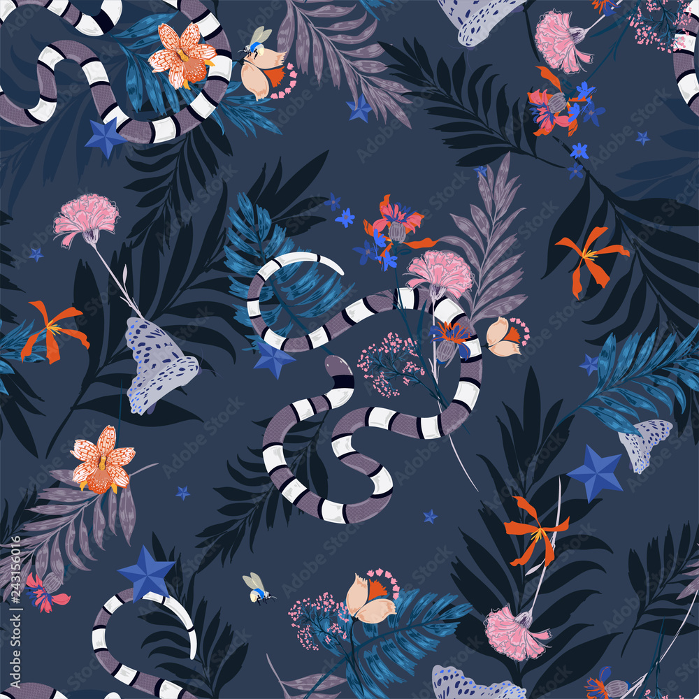 Fototapeta Forest in the night in seamless pattern vector with snake , leaves ,flowers,insect,butterfly,bees for fashion and all prints