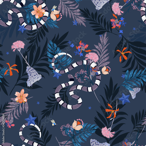 Forest in the night  in seamless pattern vector with snake , leaves ,flowers,insect,butterfly,bees for fashion and all prints