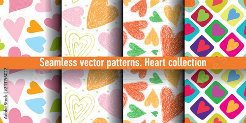 Heart seamless pattern set. Vector love illustration. Valentine s Day  Mother s Day  wedding  scrapbook  gift wrapping paper  textiles. Color background