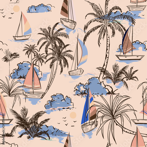 Summer Vintage Beautiful seamless pattern island with boat and windsurf on retro style. Landscape with palm trees,beach and ocean vector