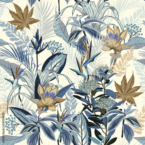 Monotone in blue Summer wild forest full of blooming flower in many kind of florals seasonal seamless pattern vector ,hand drawing style for fashion, fabric and all prints