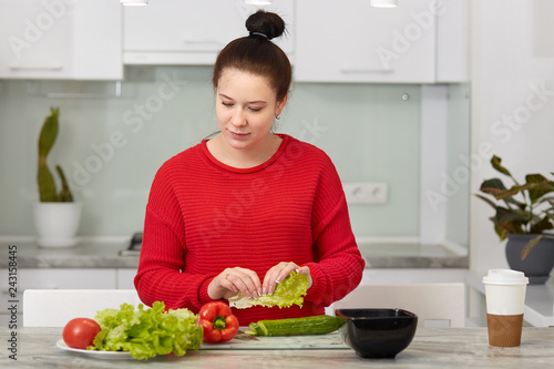 Photo of attractive future mother, holds lettuce, prepares vegetable salad for breakfast, dressed in casual red clothes, cooks at kitchen, stands in flat at kitchen, has serious look. Cooking concept