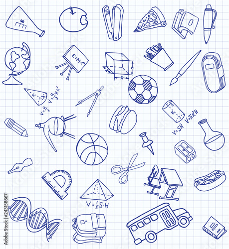 Vector set of secondary school icons in doodle style