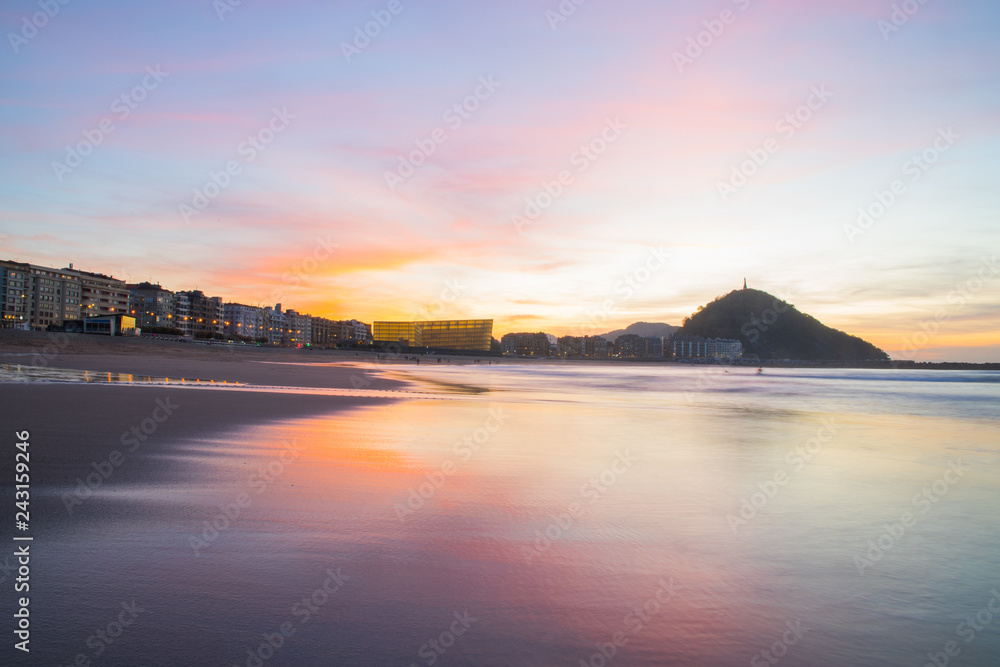 Fototapeta premium Zurriola beach and Kursaal Auditorium under sunset at Donostia-San Sebastian, Basque Country.