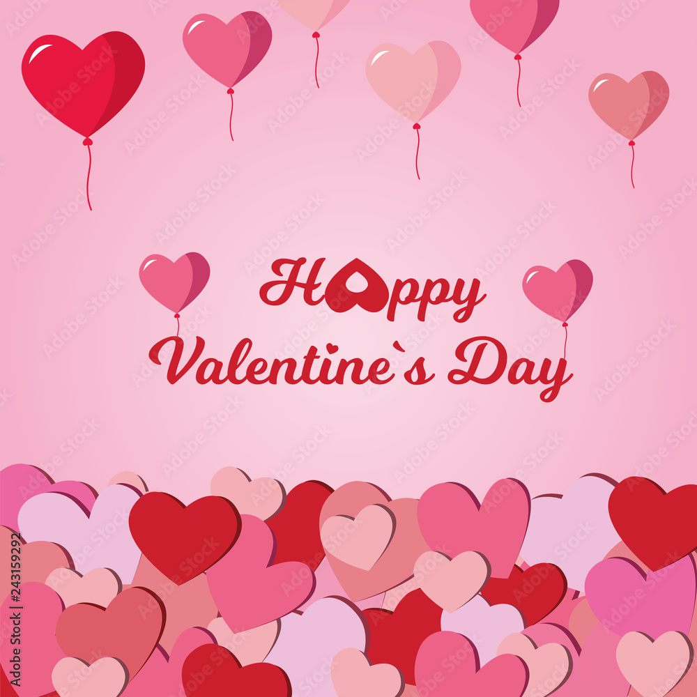 Valentine's Day greeting card with hearts, balloons, and a wish for a happy Valentine's Day on a pink background.