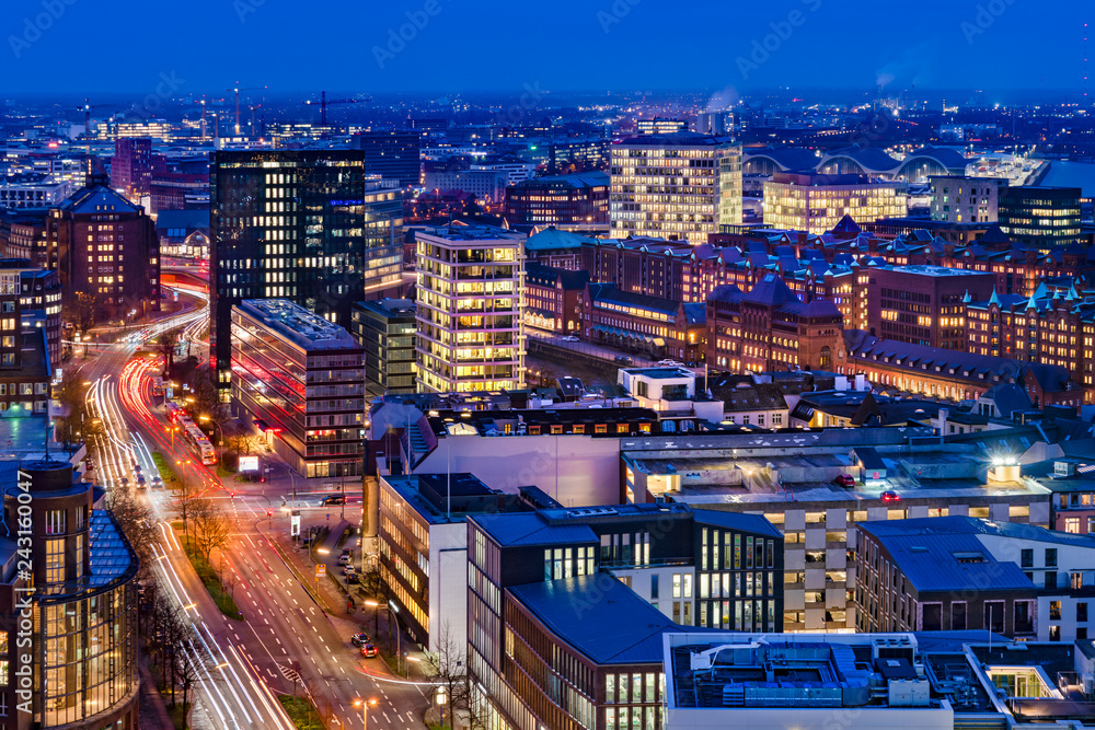 Fototapeta premium Downtown Hamburg, Germany. Aerial view at dusk.