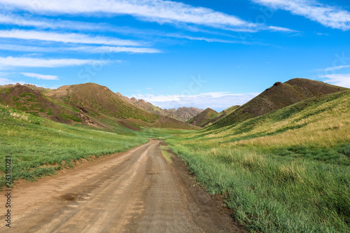 Dirt road towards the centre of Yol Valley in Gobi Desert on a beautiful summer day with blue cloudy sky (Gobi Desert, Mongolia, Asia)