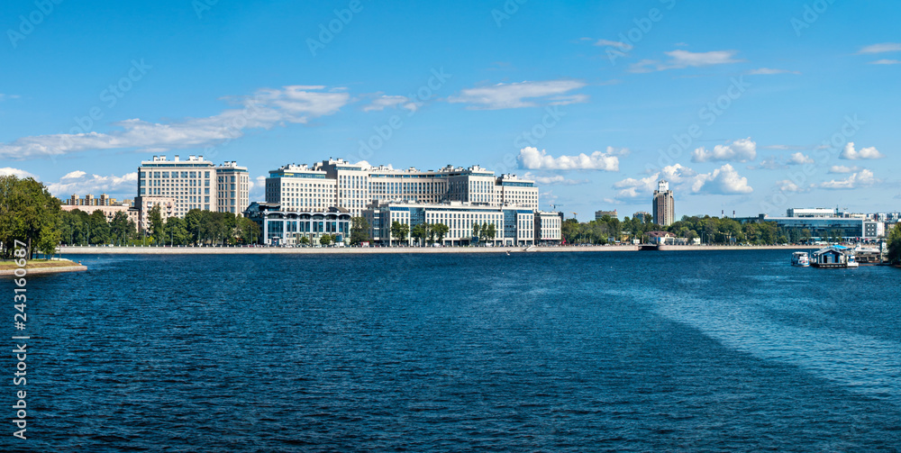 View of the modern multi-storey houses on the Ushakovskaya embankment in St. Petersburg