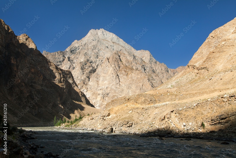 Panj or Amu Darya river and Pamir mountains