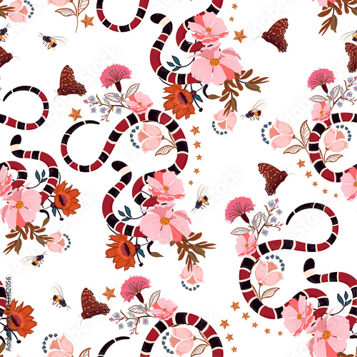 Seamless pattern Trendy snake with flowers graphic design vector blooming of floral for fashion,t-shirt ,and all prints