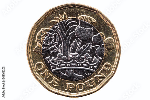 Fotografie New one pound coin of England UK introduced in 2017 which show emblems of each o