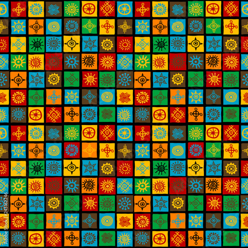 Colorful background with ethnic symbols in squares