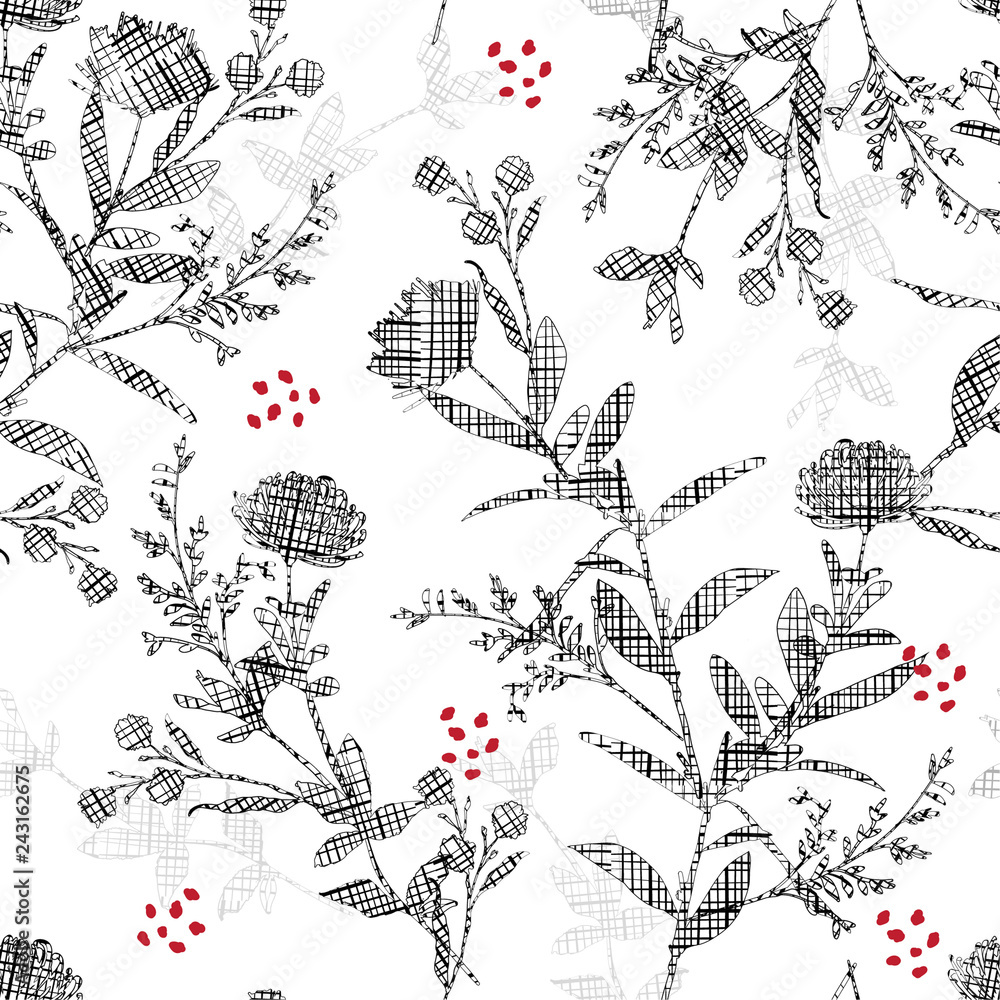 Modern black Silhouette flowers with hand drawn sketch line check fill-in pattern inside,Seamless pattern vector for fashion ,fabric and all prints Modern black Silhouette flowers with hand drawn sketch line check fill-in pattern inside,Seamless pattern vector for fashion ,fabric and all prints
