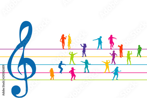 Colorful stave with clef and kids dancing