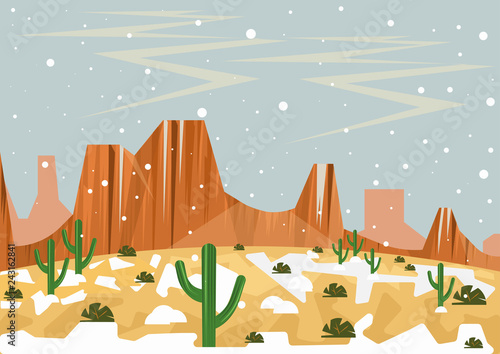 Snow in desert. Illustration of unusual and rare whether event