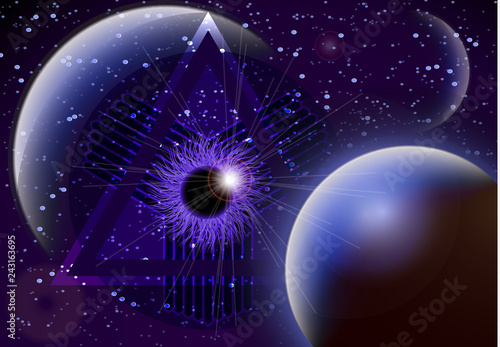 The symbol of the all-seeing eye of God. Modern creative design on the background of the planets. Vector illustration