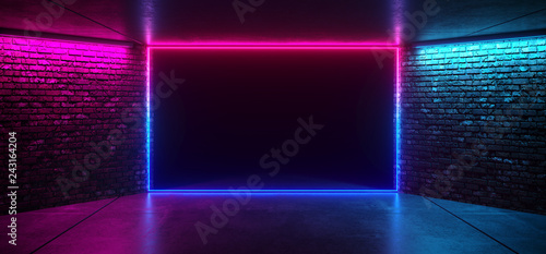 Fototapeta Naklejka Na Ścianę i Meble -  Futuristic Dance Club Neon Glowing Purple Blue Pink Retro Elegant Empty Stage Room With Reflective Grunge Concrete Brick Wall rectangle Shaped Neon Light Shape Frame 3D Rendering