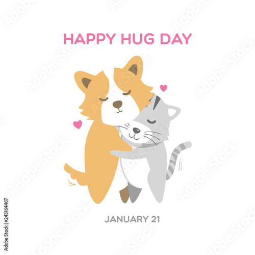 Cute corgi dog and cat illustrating hug day background vector.
