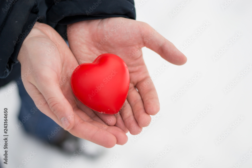 Fototapeta premium Close up red heart in male hands in winter sunny day. Surprise for Valentine's day. I love you. Copy space. Holiday background.