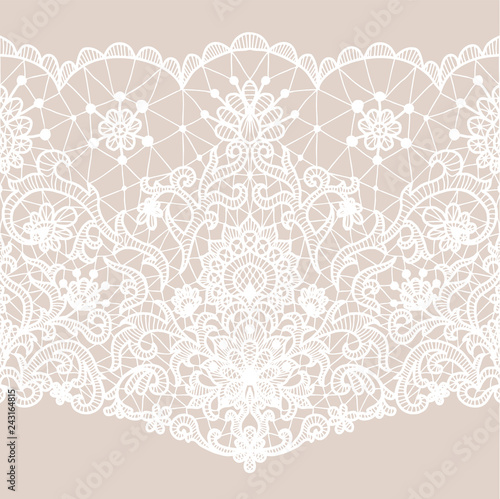 Horizontally seamless beige background and white lace ribbon with floral pattern