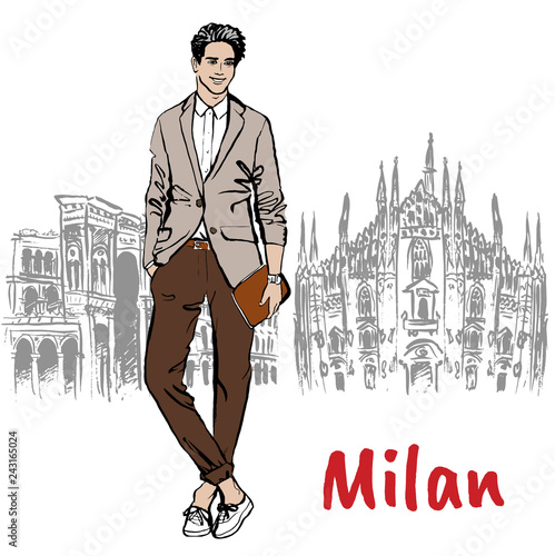 Hand-drawn sketch of man in Milan at Piazza del Duomo in Italy.