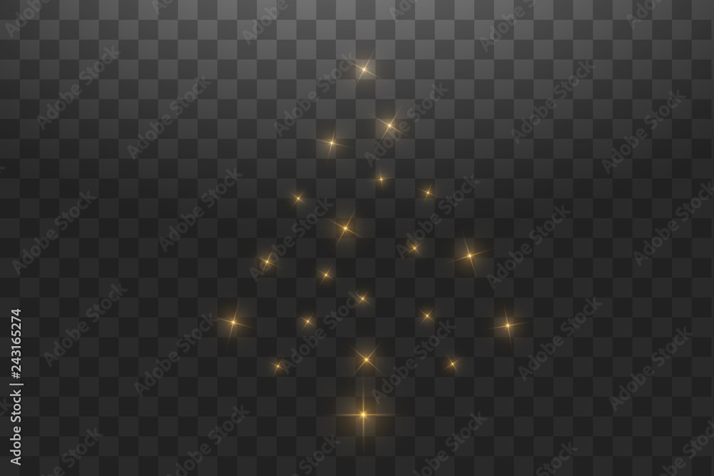 Fototapeta premium Christmas Tree made. Gold glitter bokeh lights and sparkles. Shining star, sun particles and sparks with lens flare effect on transparent background