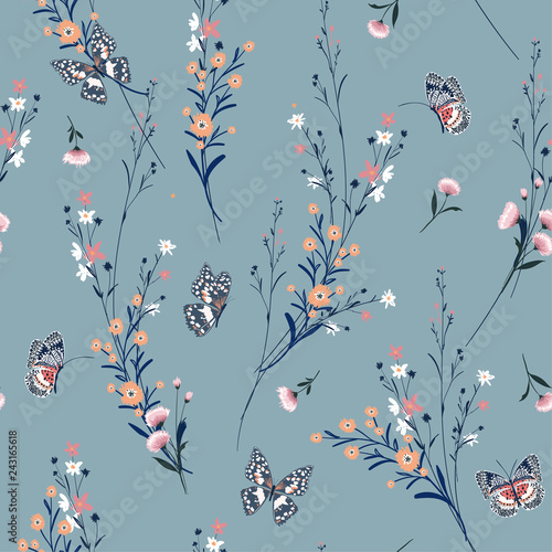 Beautiful vintage Meadow flowers blowing in the wind with butterflies soft and gentle seamless pattern on vector design for fashion,fabric,wallpaper and all prints