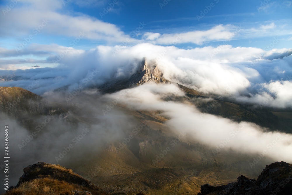 Pico Setsas, Dolomites mountains, Italy, clouds and fog