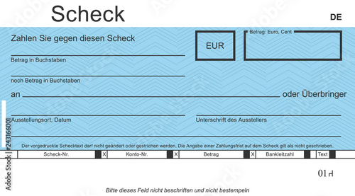 Vektor-Check mit modernem Design. Original Scheck - blanko blue. Blankoüberprüfung mit freiem Platz für Ihren Text.